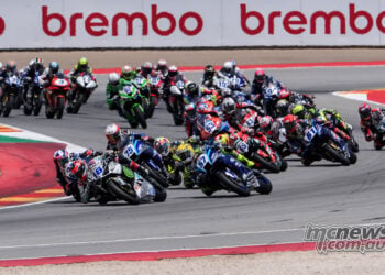 WorldSSP riders packed together through the opening corners of Race Two at MotorLand Aragon.
