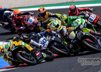 David Salvador, Carter Thompson and Fenton Seabright running tightly together in WorldSPB Race 2 at Misano.