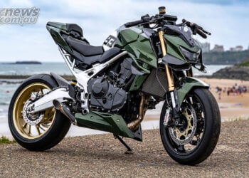 Honda CB750 Hornet Mugen custom by Mototrofa in green and gold streetfighter trim