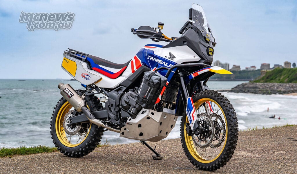 Honda XL750 Transalp Saharja custom by Honda Italy and DRS Custom parked beside the coast