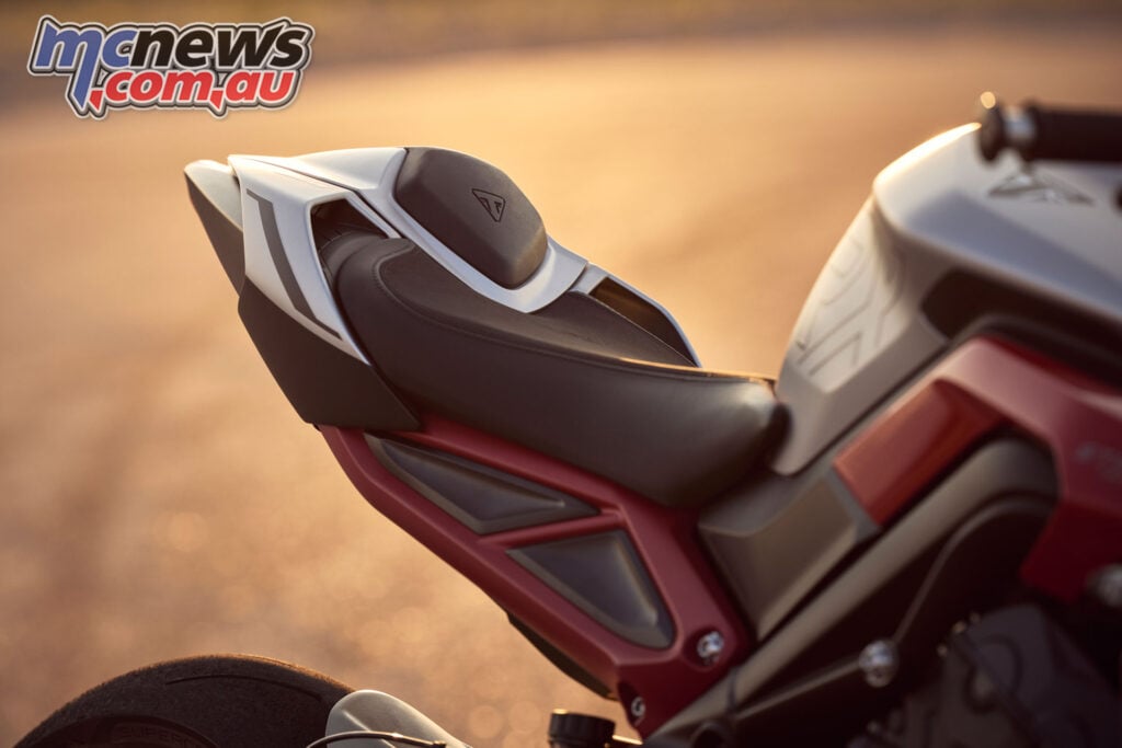 Close-up of Triumph Street Triple 765 RX seat and tail section