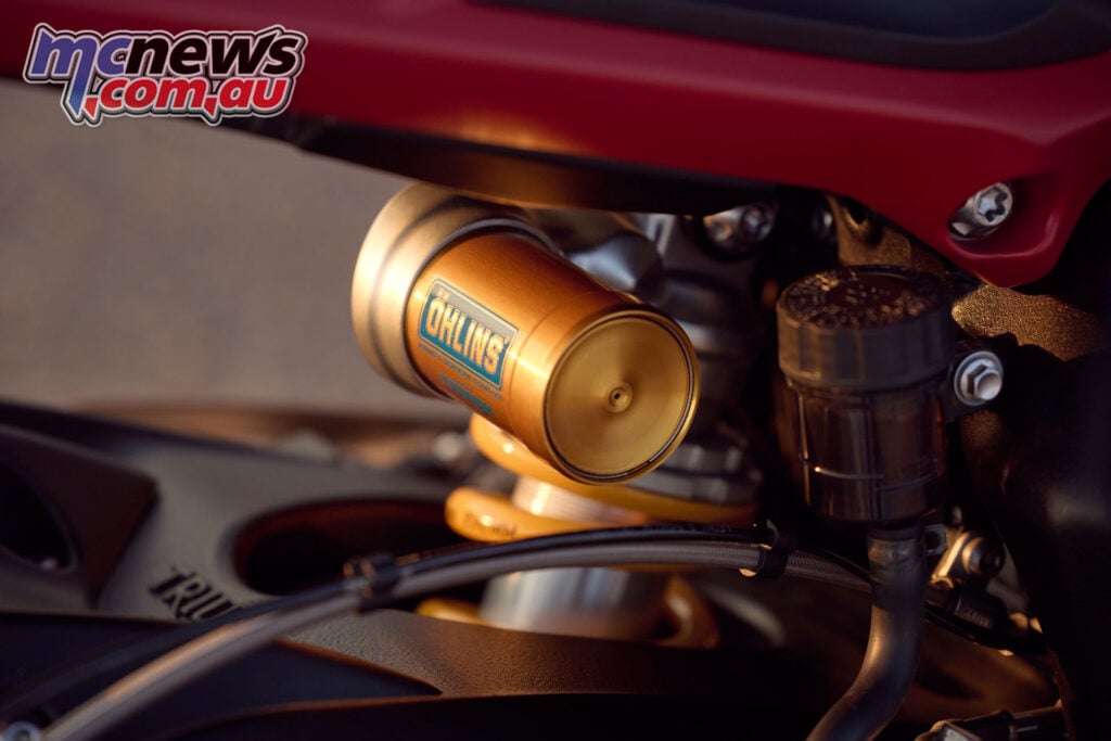 Close-up of Öhlins STX40 rear shock on Triumph Street Triple 765 RX