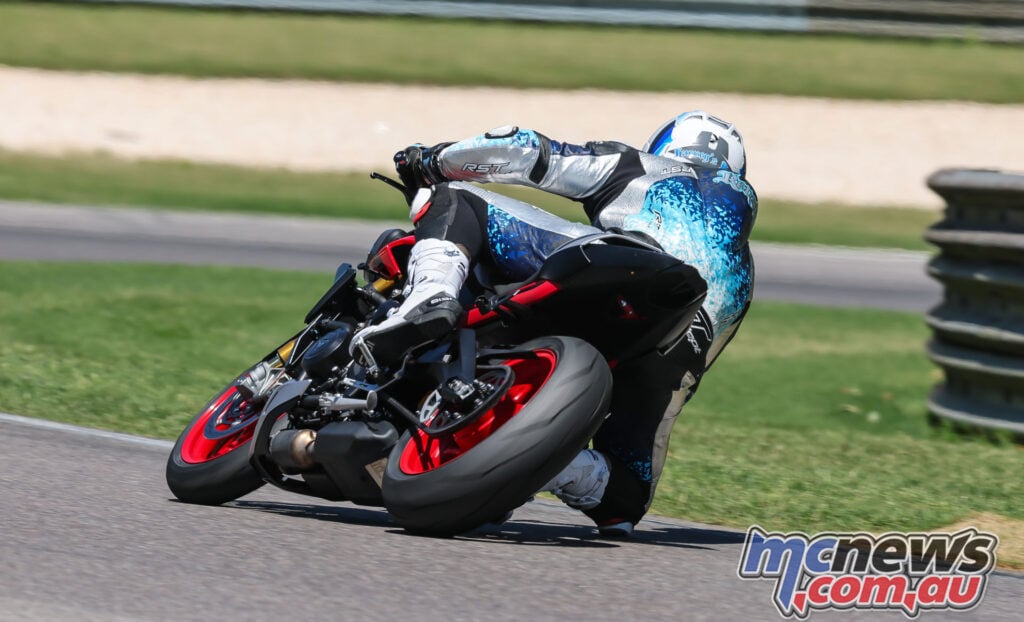 Triumph Street Triple 765 RX leaned over on Pirelli Diablo Supercorsa SP tyres
