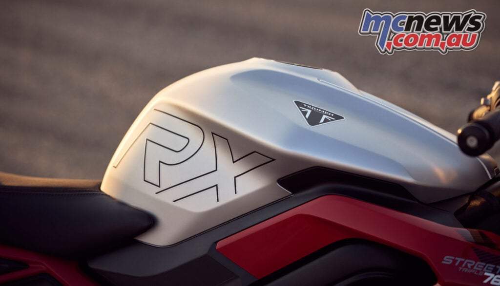 Close-up of Triumph Street Triple 765 RX fuel tank graphics