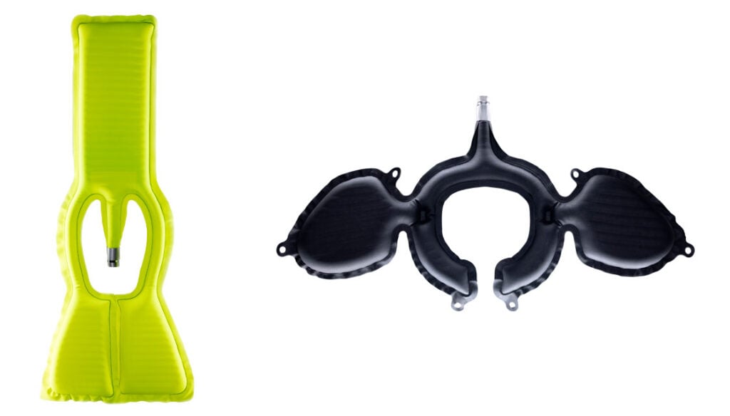 Two Dainese airbag structures displayed on a white background for road and racing comparison.