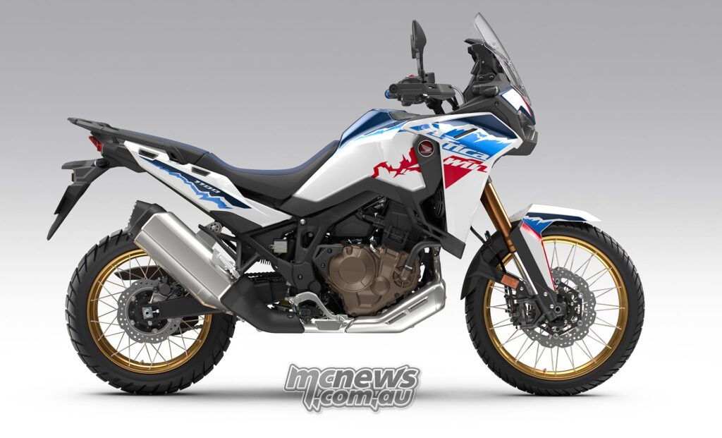 The Pearl Glare White Tricolor 2026 Honda Africa Twin Manual is shown in profile on the right.