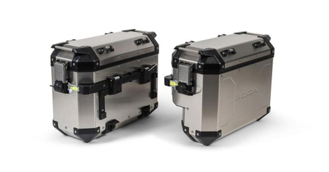 A pair of silver Honda aluminum panniers are available for the 2026 Africa Twin range.