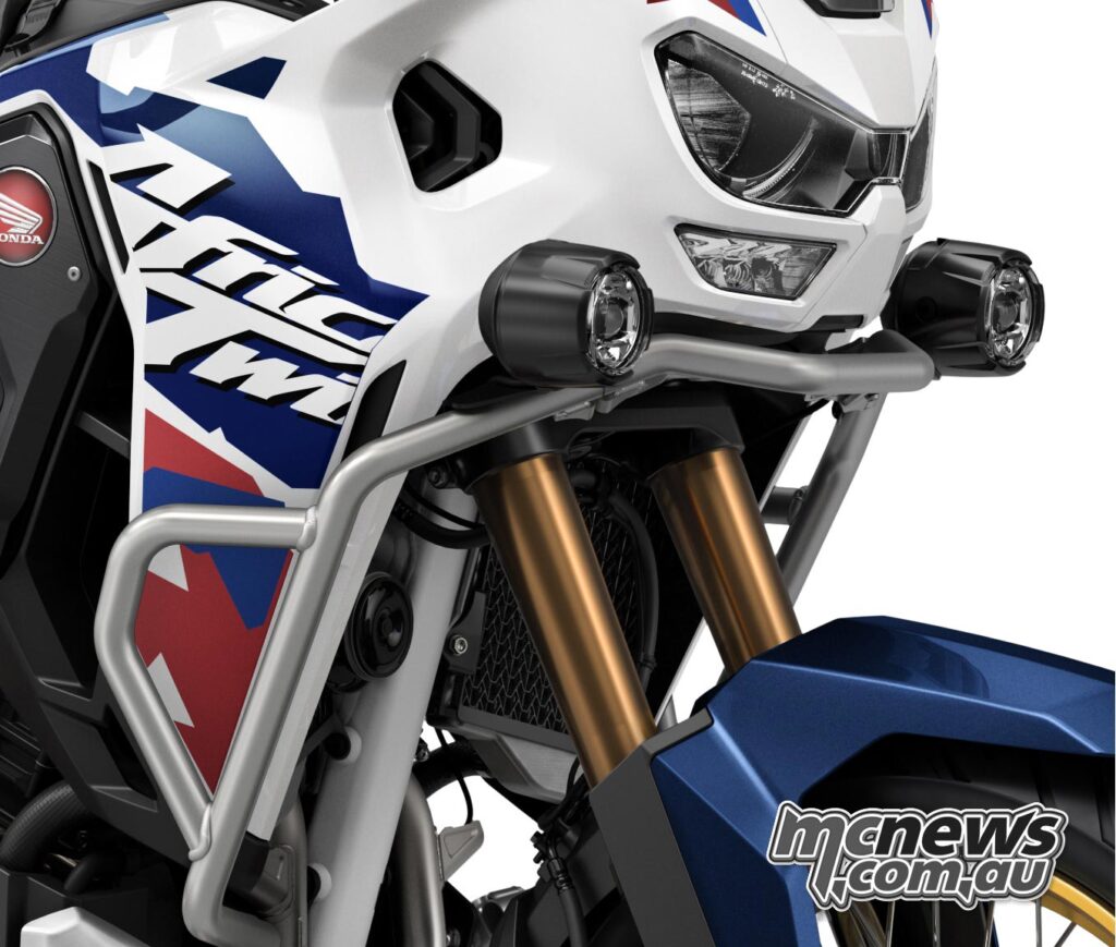 Close-up of the optional LED fog lights on the Honda Africa Twin Adventure Sports.