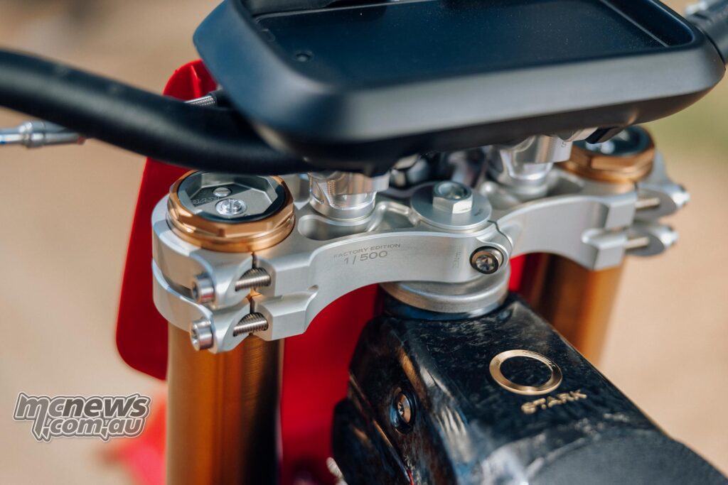 Close-up of Factory Edition No. 1 of 500 engraved in Stark VARG's CNC aluminum triple clamp.