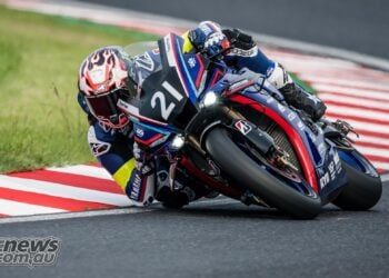 Yamaha Factory Racing Team number 21 superbike leaned over at Suzuka during 8 Hours testing.