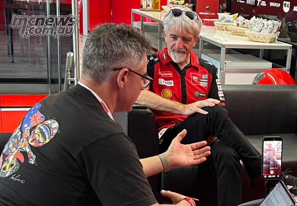 Luigi “Gigi” Dall’Igna speaks with Trevor Hedge during an MCNews.com.au interview at World Ducati Week 2026.