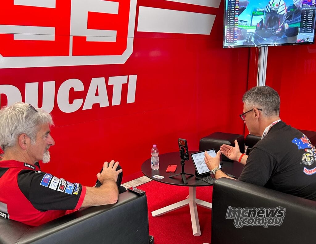 Trevor Hedge conducts a recorded interview with Ducati Corse General Manager Luigi “Gigi” Dall’Igna in the Ducati hospitality area.
