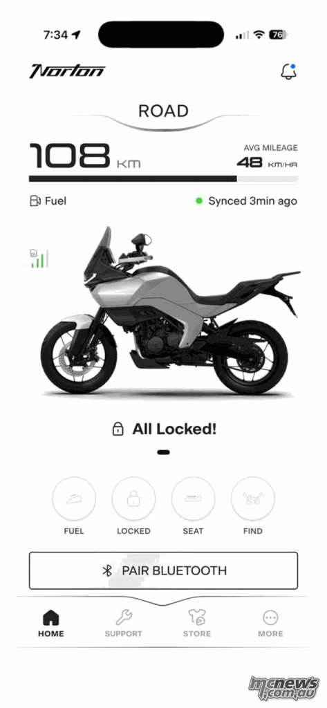 Animated sequence showing Norton Rider app screens for navigation, ride statistics, servicing and motorcycle controls.