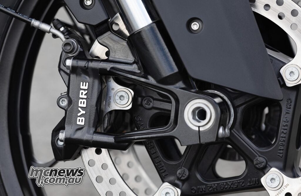 Close-up of the Norton Atlas front wheel, twin brake discs and radial ByBre caliper.