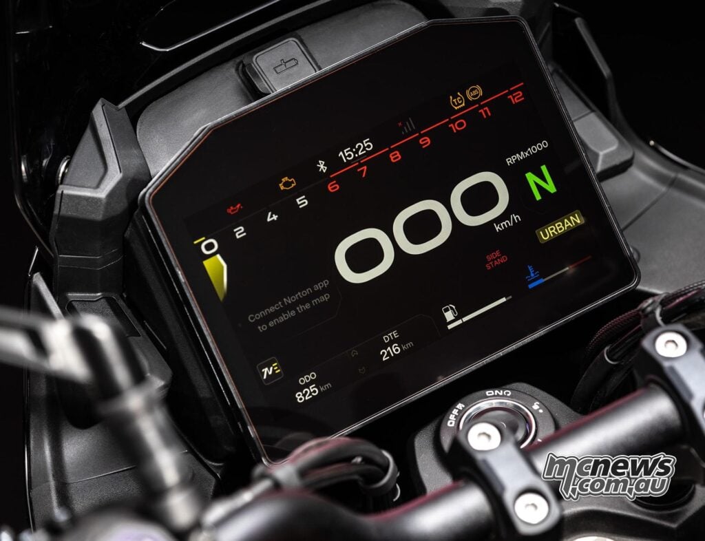 Norton Atlas eight-inch TFT instrument display showing the digital speedometer, tachometer and Urban riding mode.