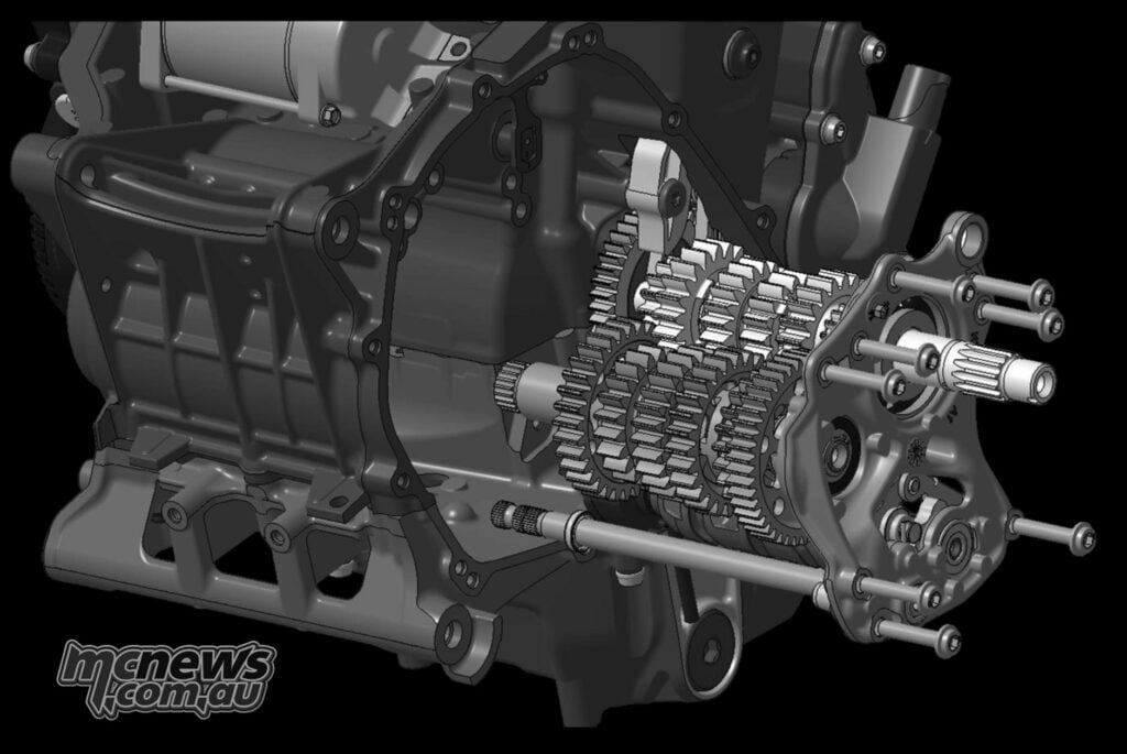 Cutaway rendering of the Norton Atlas six-speed cassette gearbox and clutch assembly