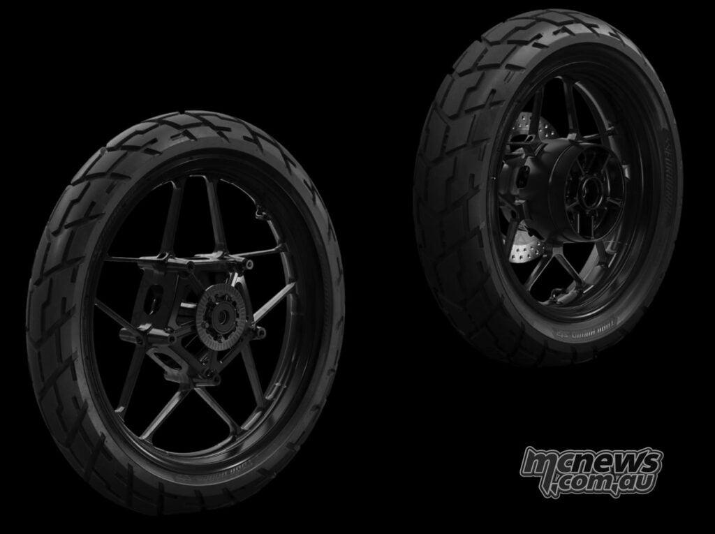 Norton Atlas 19-inch front and 17-inch rear alloy wheels fitted with Eurogrip tyres.