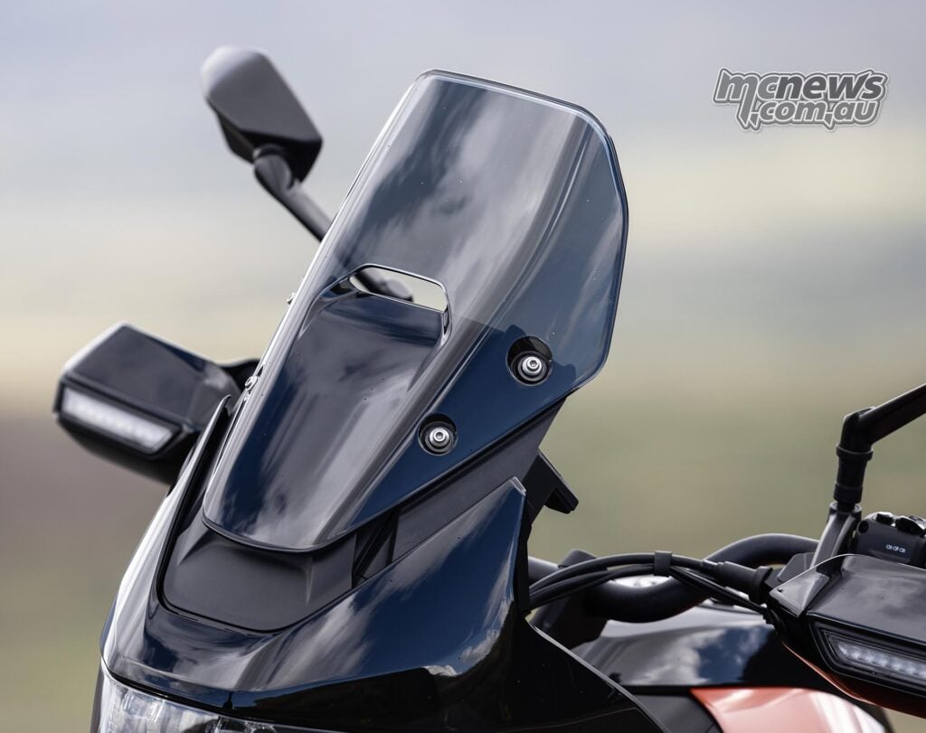 Close-up of the Norton Atlas Apex windscreen in its raised position
