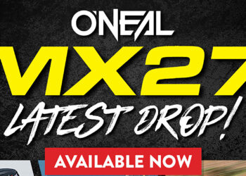 O’NEAL MX27 Latest Drop promotional banner with Available Now text on a black textured background.