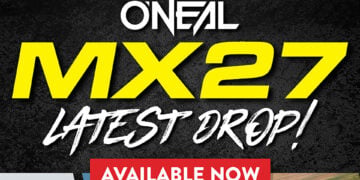 O’NEAL MX27 Latest Drop promotional banner with Available Now text on a black textured background.