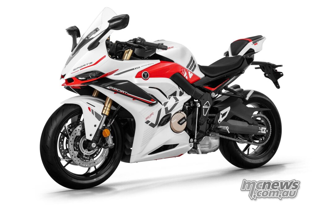 White, red and black VOGE RR660S supersport motorcycle in a studio.