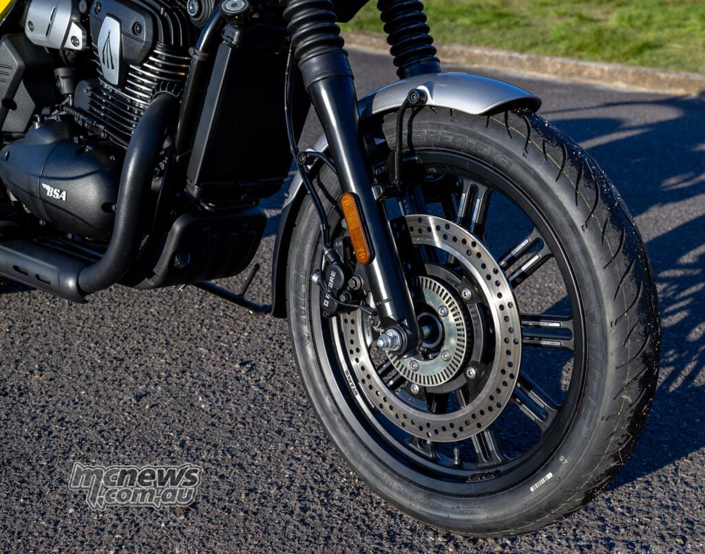 Front alloy wheel, ByBre brake caliper and 320 mm disc on the BSA Bantam 350