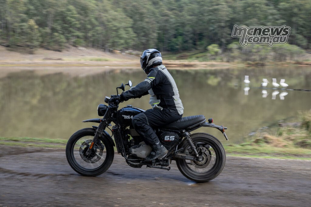Trev riding a BSA Scrambler 650 through the NSW countryside