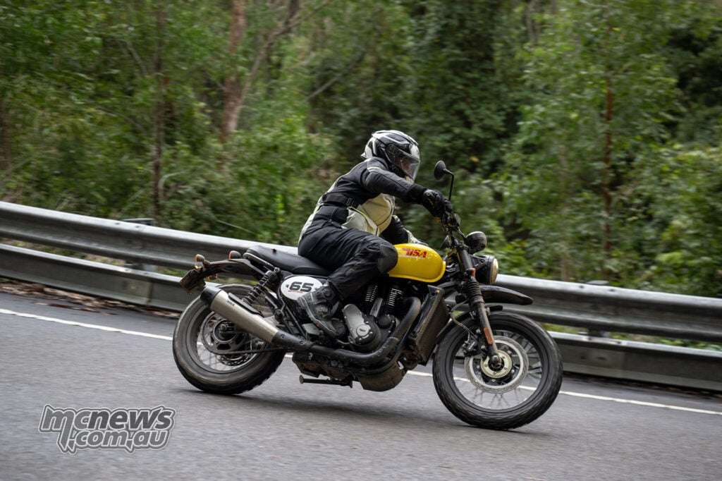 Trev riding a Victor Yellow BSA Scrambler 650 on the Australian launch