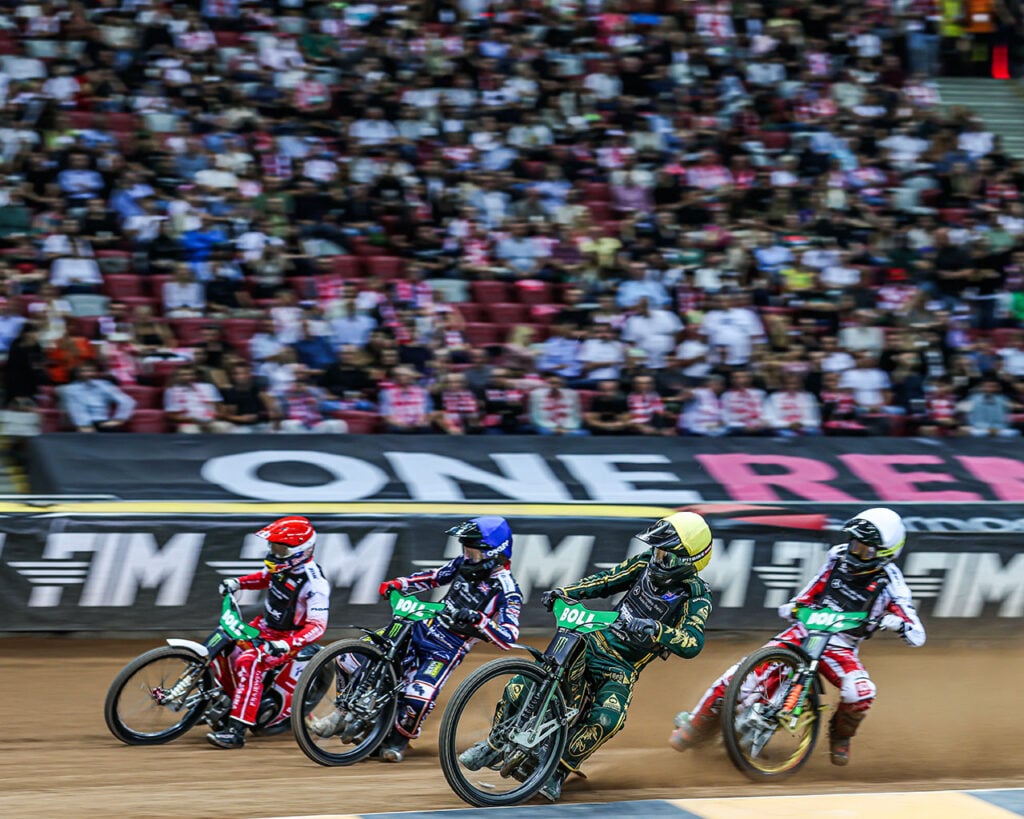 Ryan Douglas leads Mikkel Michelsen, Adam Ellis and Maciej Janowski during the Speedway World Cup Final.