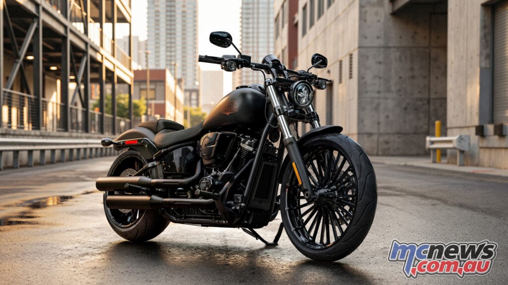 Front three-quarter view of 2026 Harley-Davidson Blacked-Out Breakout in an urban setting