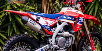 Honda CRF450RX Finke Limited Edition in red, white and blue race-inspired graphics.