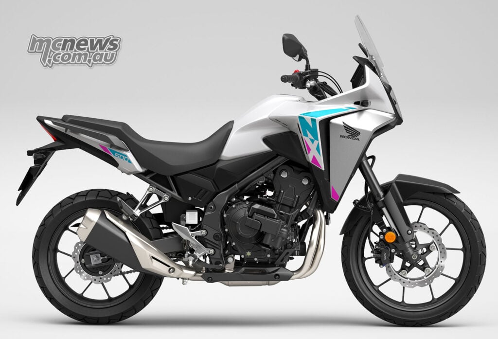 Right-side profile of a white 2026 Honda NX500 E-Clutch