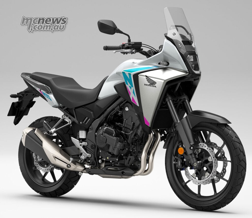 White 2026 Honda NX500 E-Clutch displayed in a studio front three-quarter view