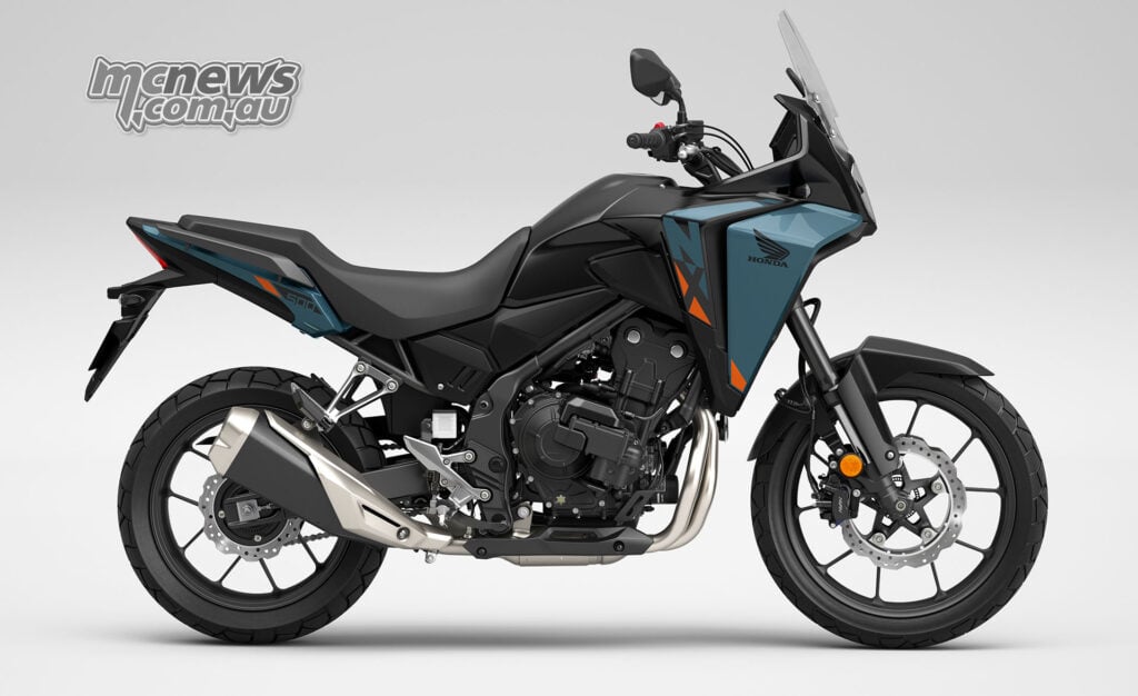 Side profile of a dark blue and black 2026 Honda NX500 E-Clutch