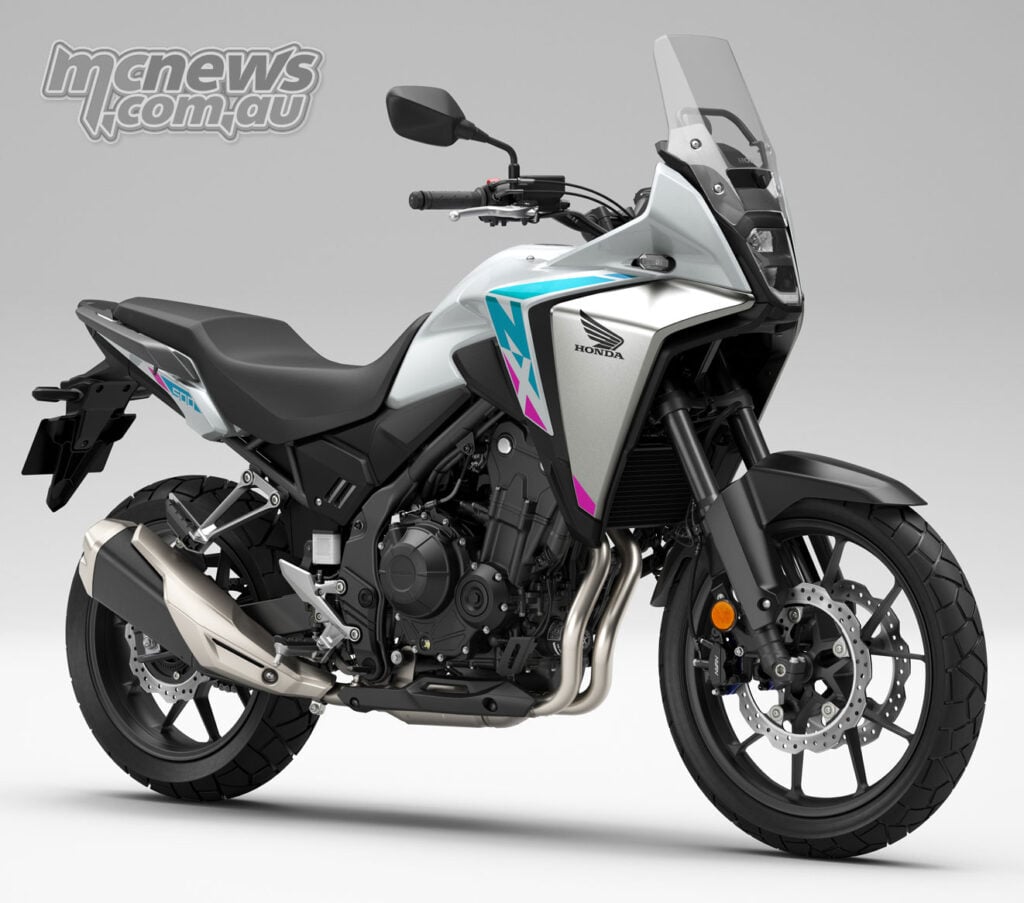 White 2026 Honda NX500 manual model in a studio three-quarter view