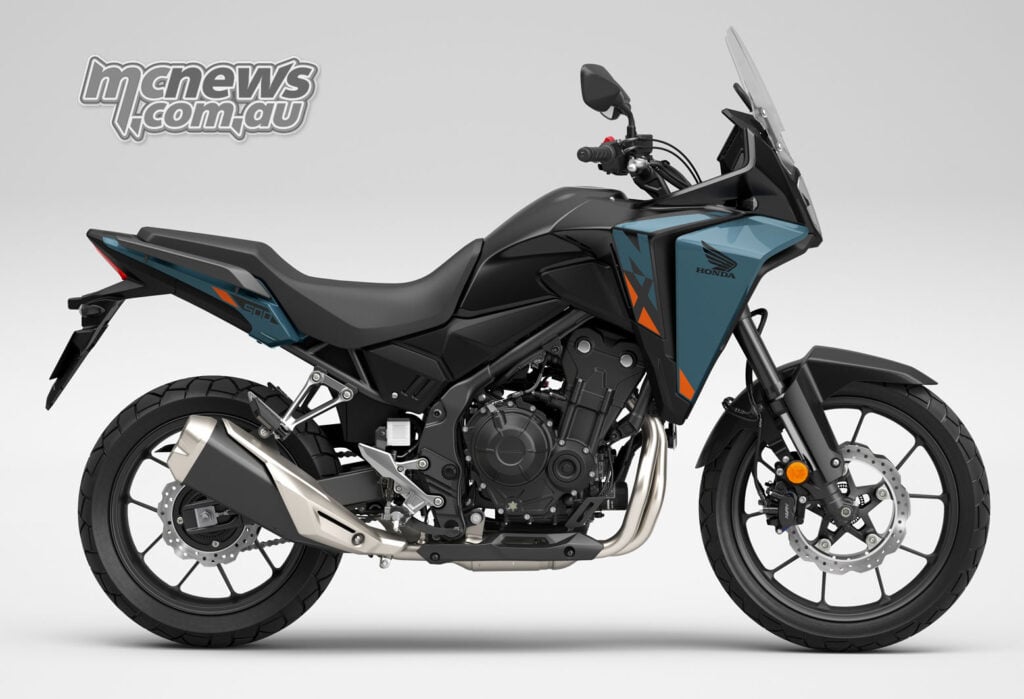 Side profile of a dark blue and black 2026 Honda NX500 manual model