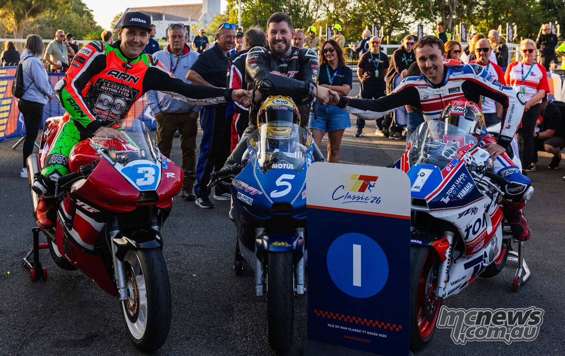 Barry Furber, Rob Hodson and James Yeardsley pose with their Yamaha motorcycles