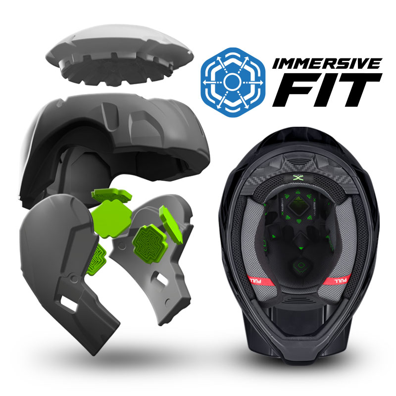 Exploded view of the M2R X5 internal layers beside the helmet interior, highlighting Immersive Fit padding and X-HALO PLUS elements.