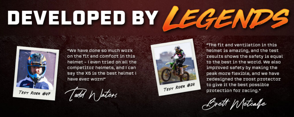 M2R X5 development graphic featuring test riders Todd Waters and Brett Metcalfe with comments about helmet fit, cooling and protection.
