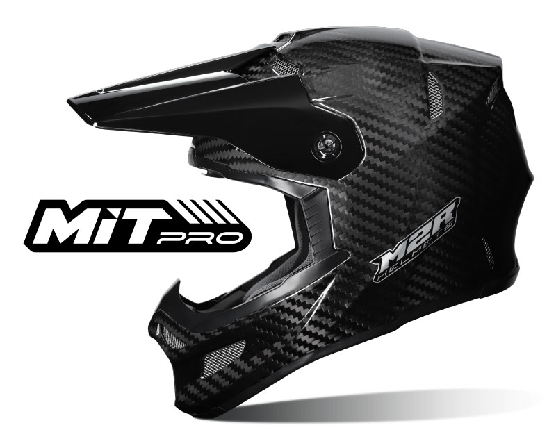 Side view of a black M2R X5 motocross helmet beside the MIT PRO shell-construction logo.