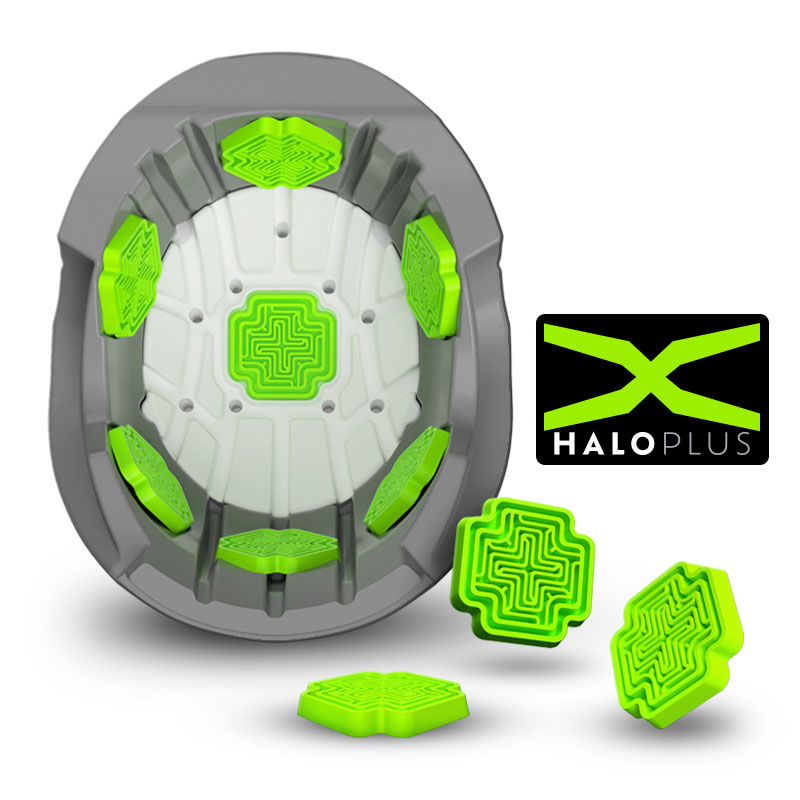 Helmet liner diagram showing seven bright green M2R X-HALO PLUS impact-management shields positioned around the EPS.