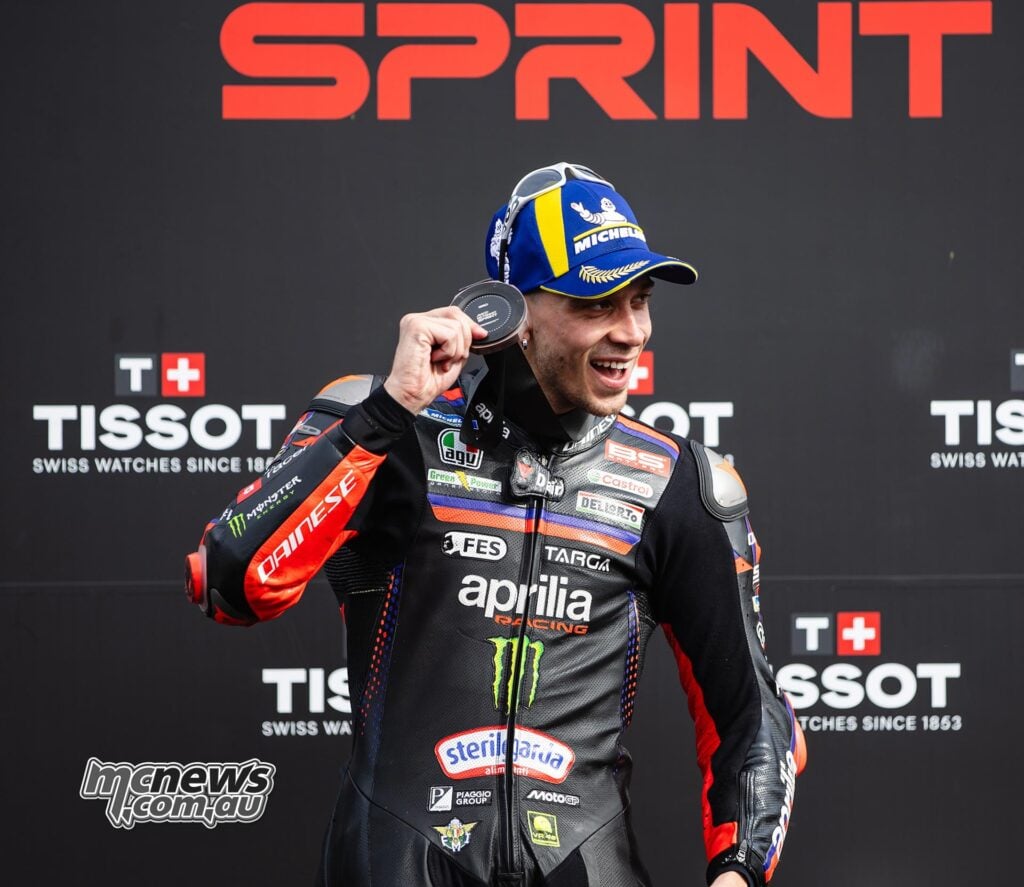 Marco Bezzecchi riding the Aprilia RS-GP during the British MotoGP Sprint at Silverstone.