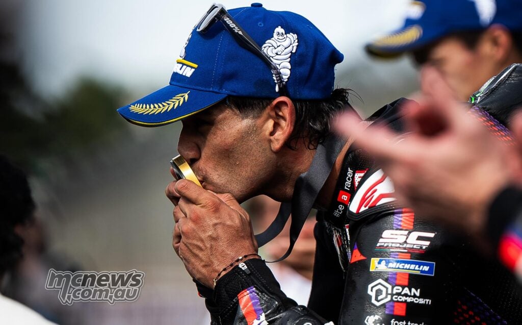Jorge Martin kisses his Sprint winner's medal at Silverstone after taking his third Sprint victory of 2026.