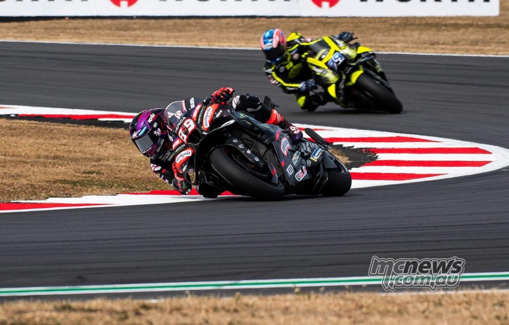 Jorge Martin leads Ai Ogura during the 2026 British MotoGP Sprint at Silverstone.