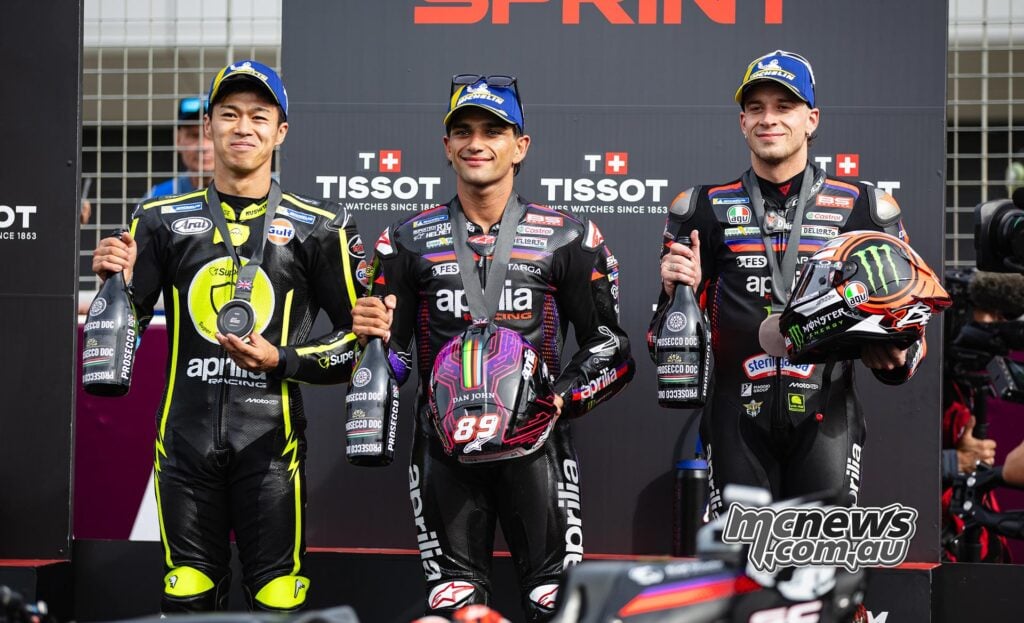 Silverstone MotoGP Sprint podium with Ai Ogura second, Jorge Martin first and Marco Bezzecchi third.