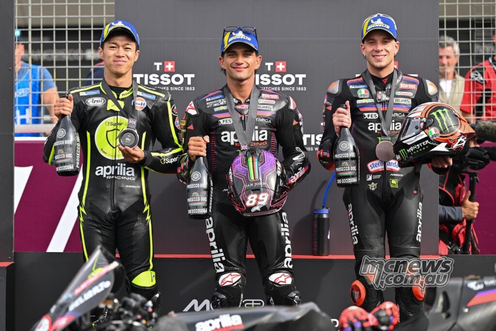Ai Ogura, Jorge Martin and Marco Bezzecchi celebrate an all-Aprilia MotoGP Sprint podium at Silverstone.