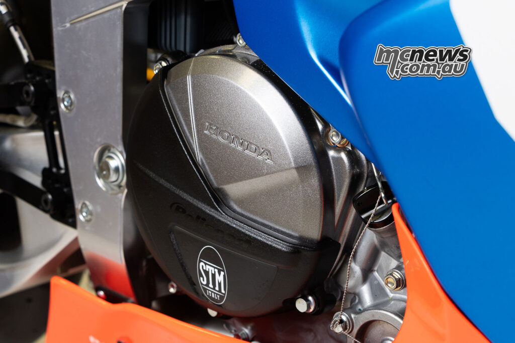 Close-up of the Honda CRF250R engine and STM clutch cover fitted to the Ohvale GP-5 250.