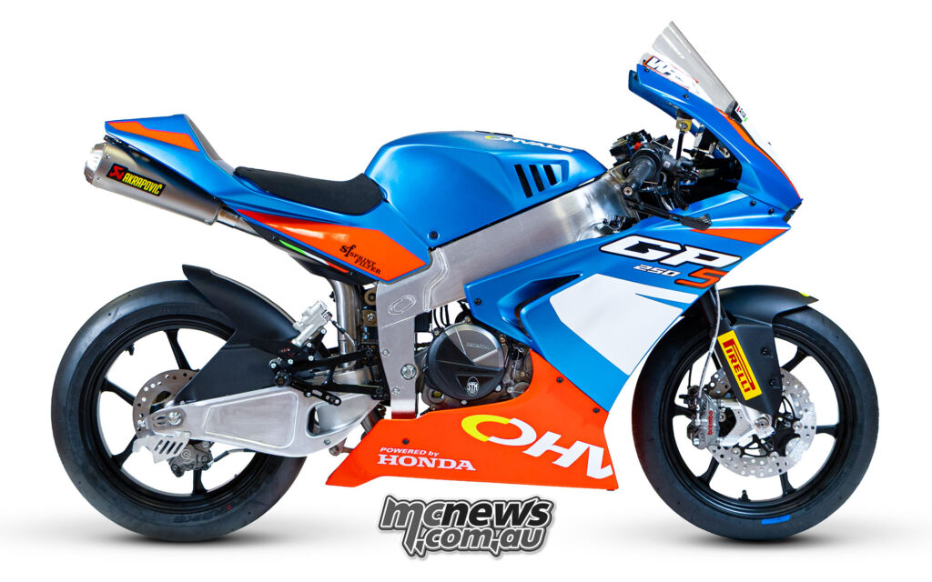 Right-side studio profile of the Honda-powered Ohvale GP-5 250 showing its aluminium frame and swingarm.