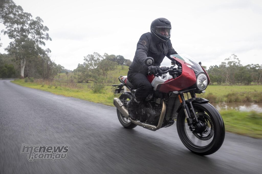 The Thruxton 400 runs narrower clip-ons, but isn't overly aggressive
