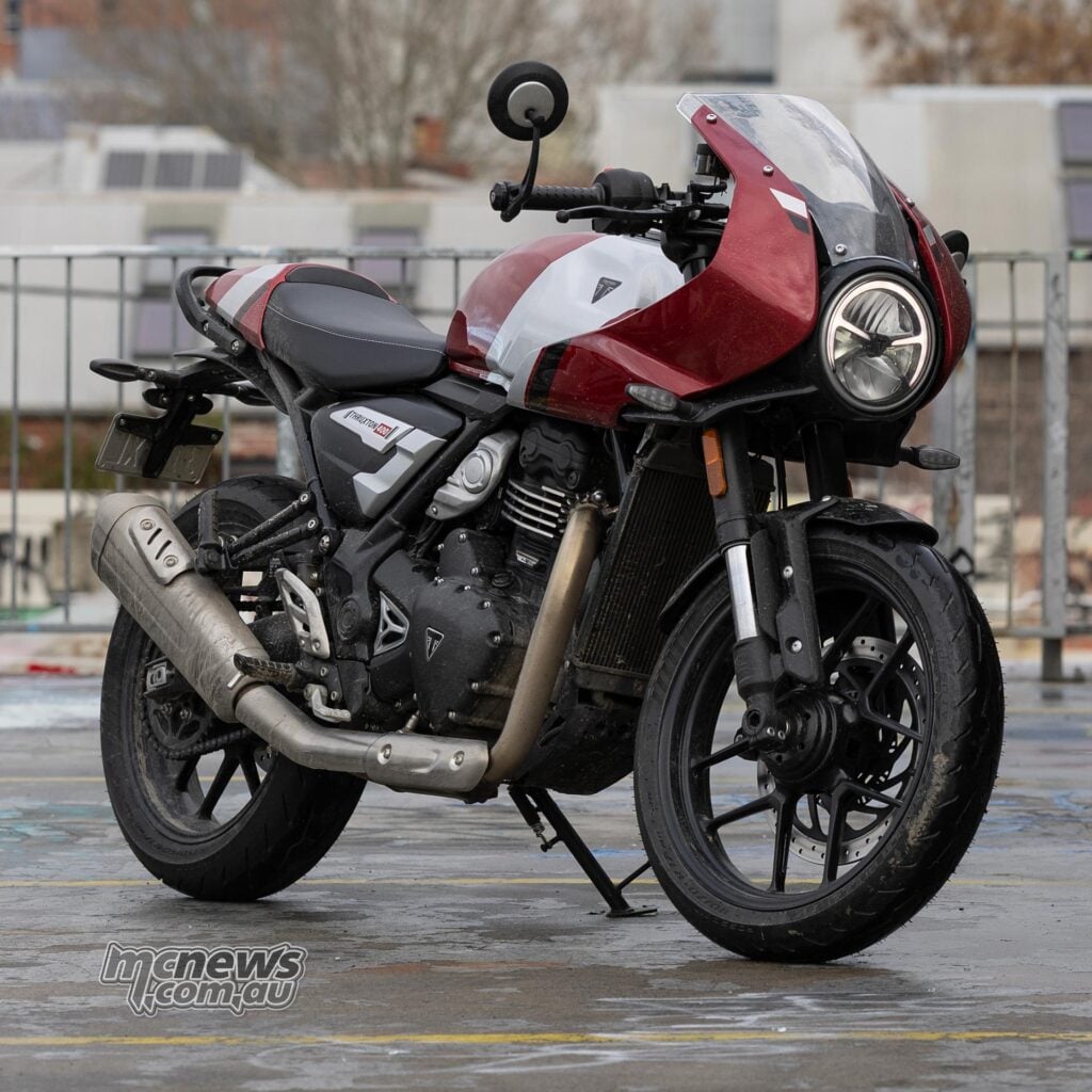 Clip-ons, cockpit fairing, tail cowl all look the business, alongside 'bar-end mirrors